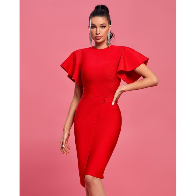 Round Neck Ruffles Sleeve Midi Bandage Dress