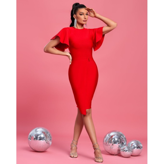 Round Neck Ruffles Sleeve Midi Bandage Dress