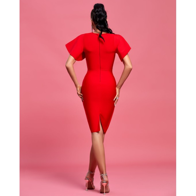 Round Neck Ruffles Sleeve Midi Bandage Dress