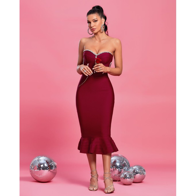 Strapless Crystal Midi Fishtail Bandage Dress