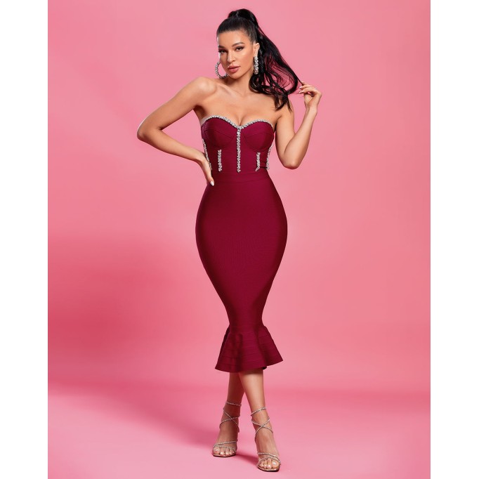 Strapless Crystal Midi Fishtail Bandage Dress