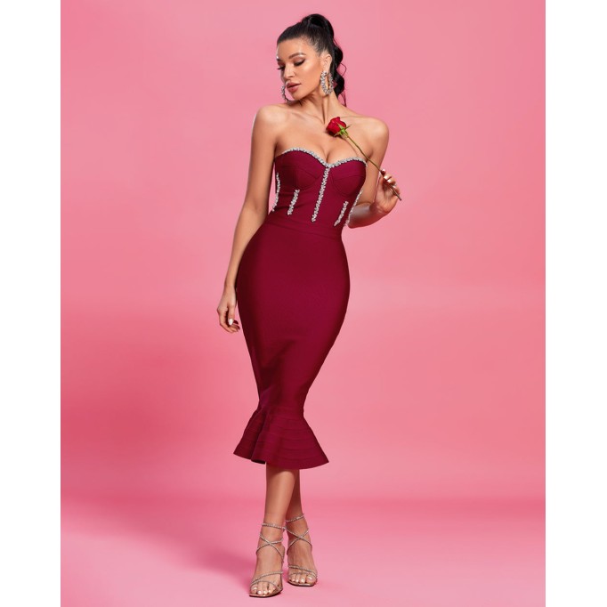 Strapless Crystal Midi Fishtail Bandage Dress