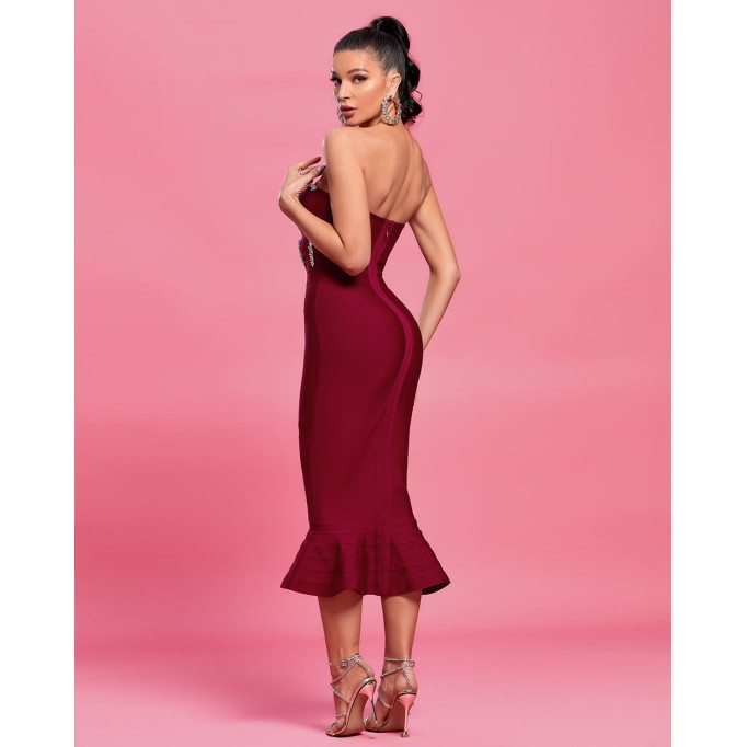 Strapless Crystal Midi Fishtail Bandage Dress