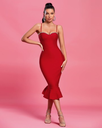 Strappy Crystal Midi Fishtail Bandage Dress