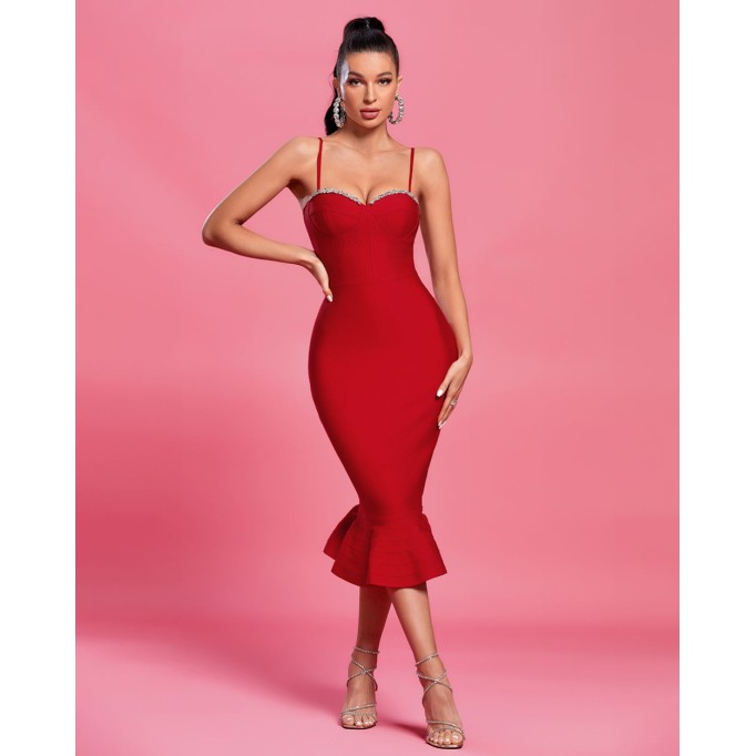 Strappy Crystal Midi Fishtail Bandage Dress