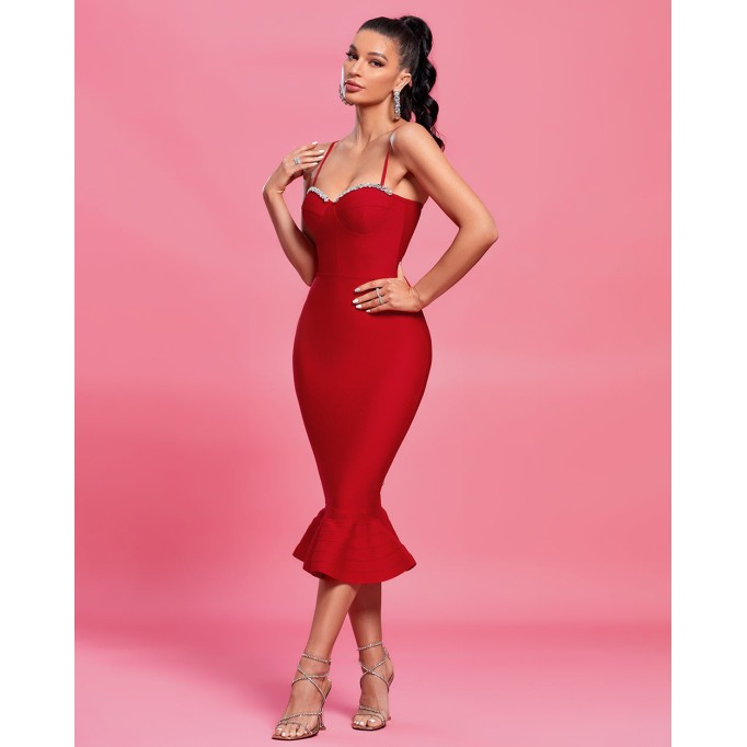 Strappy Crystal Midi Fishtail Bandage Dress