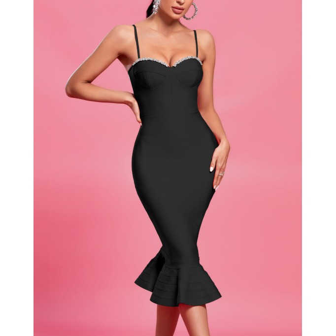 Strappy Crystal Midi Fishtail Bandage Dress