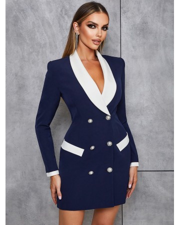 V Neck Long Sleeve Pearl Bodycon Suit HB77650