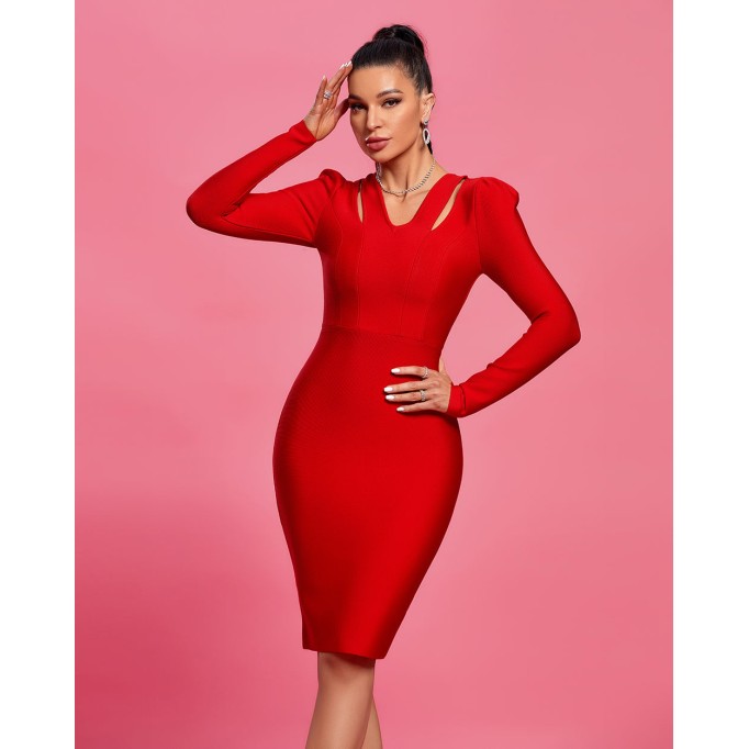 V Neck Cutout Midi Bandage Dress