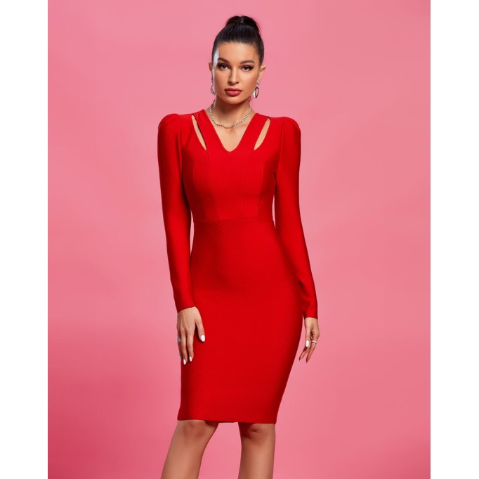 V Neck Cutout Midi Bandage Dress