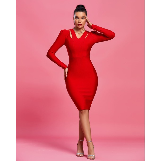 V Neck Cutout Midi Bandage Dress