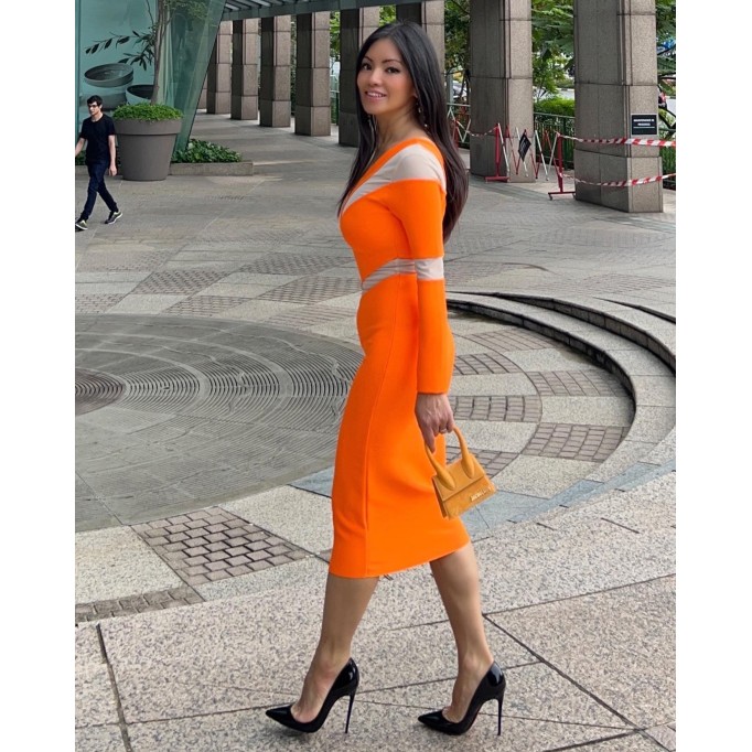 Tangerine Asymmetrical Mesh Bandage Dress