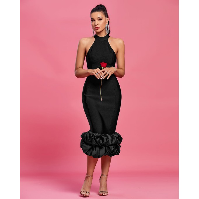 Halter Ruffle Hem Crepe Cocktail Dress