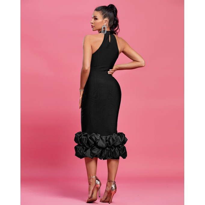 Halter Ruffle Hem Crepe Cocktail Dress