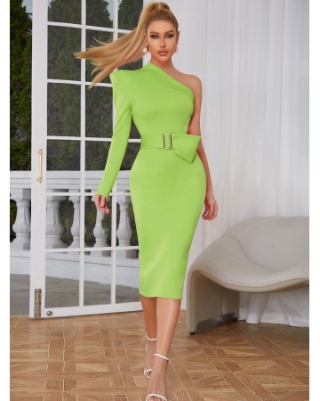 One Shoulder With Belt Midi Bodycon Dress