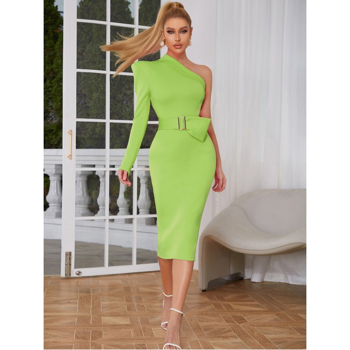 One Shoulder With Belt Midi Bodycon Dress