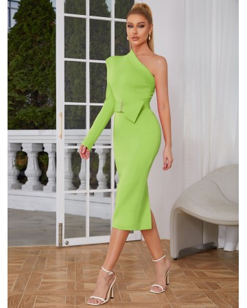 One Shoulder With Belt Midi Bodycon Dress