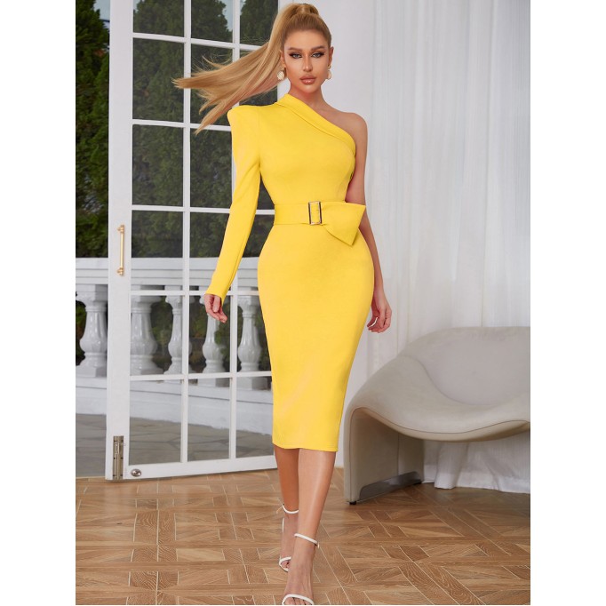 One Shoulder With Belt Midi Bodycon Dress