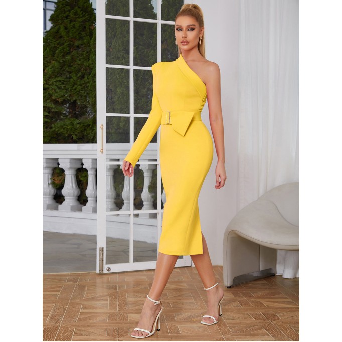 One Shoulder With Belt Midi Bodycon Dress