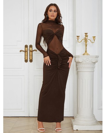 High Neck Long Sleeve Tulle Maxi Bodycon Dress HB00720