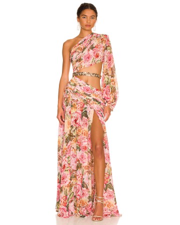 One Shoulder Chain Floral Maxi Dress