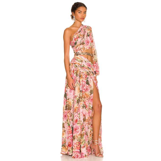 One Shoulder Chain Floral Maxi Dress