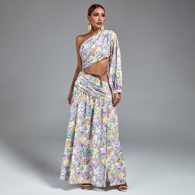 One Shoulder Chain Floral Maxi Dress