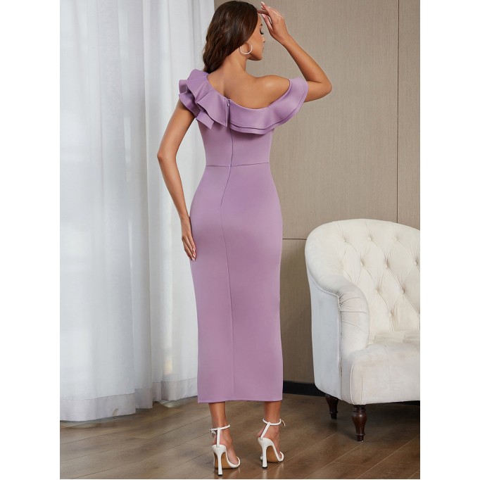 One Shoulder Short Sleeve Frill Maxi Bodycon Dress HB0089