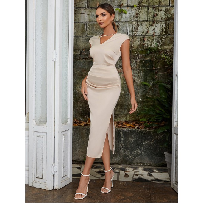 V Neck Sleeveless Slit Maxi Bodycon Dress HB0094