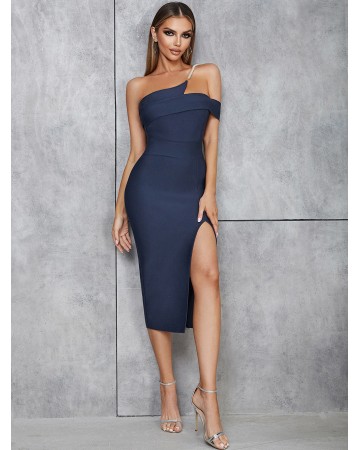 One Shoulder Pearl Midi Bandage Dress HB0067