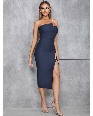 One Shoulder Pearl Midi Bandage Dress HB0067