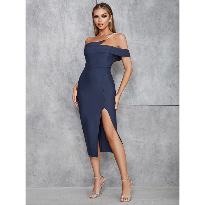 One Shoulder Pearl Midi Bandage Dress HB0067