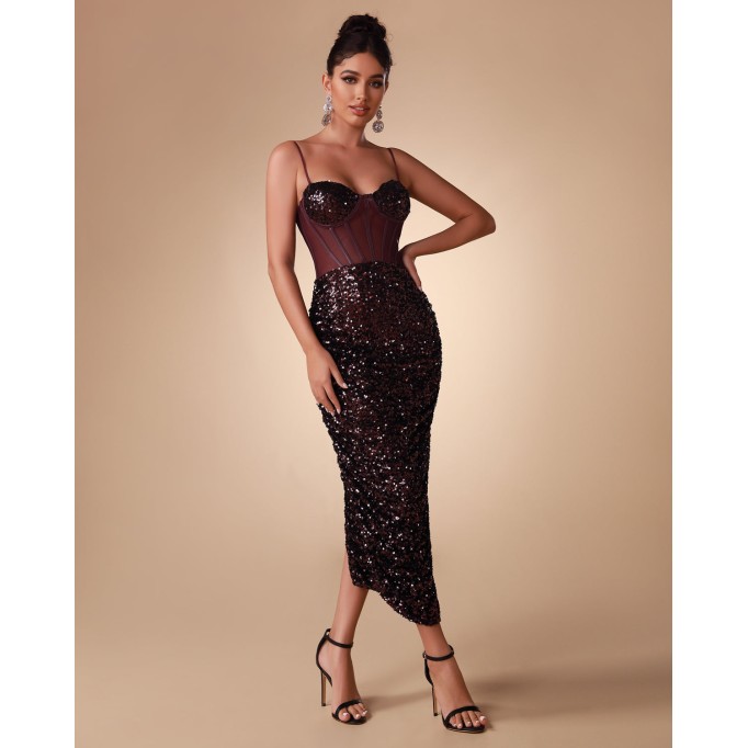 Strappy Sequin Corset Midi Dress