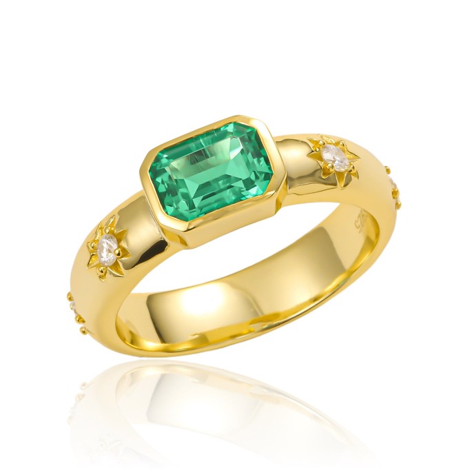 Hand Crafted Emerald Poesy Stackable Ring Gilded