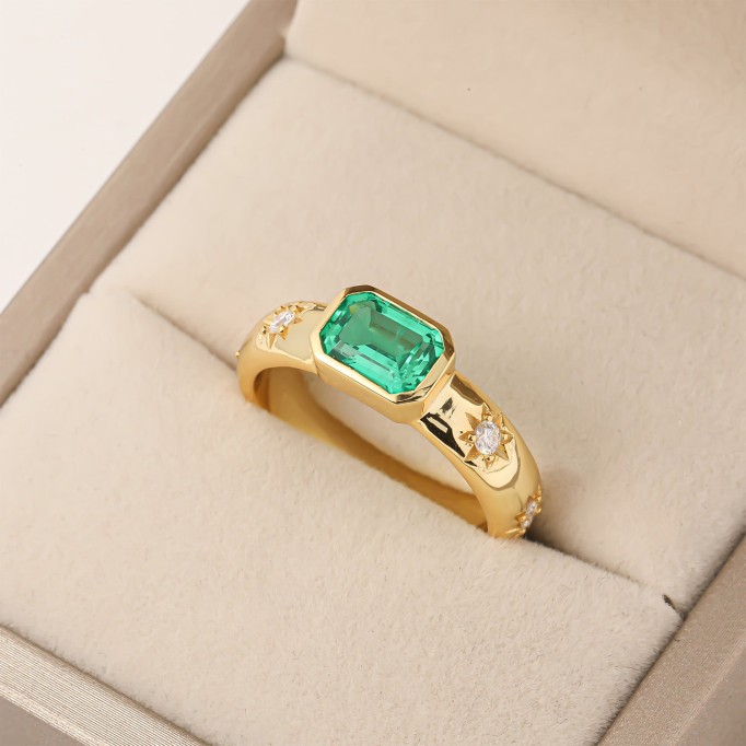 Hand Crafted Emerald Poesy Stackable Ring Gilded