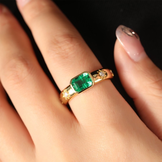 Hand Crafted Emerald Poesy Stackable Ring Gilded