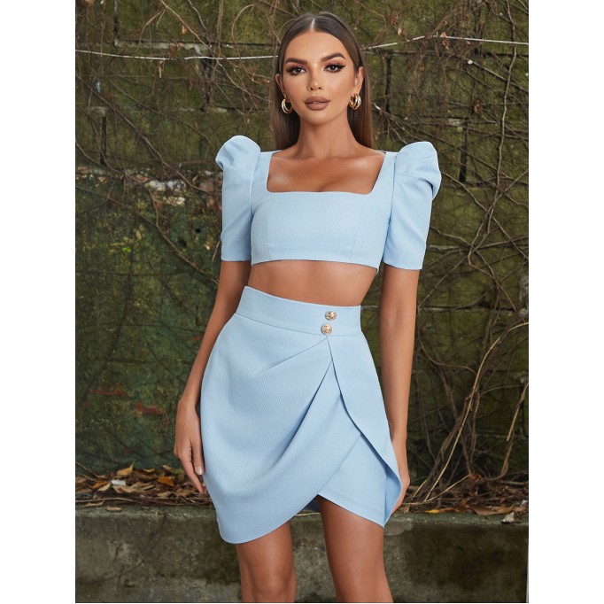 Square Collar Short Sleeve Exposed Waist Bodycon Set HB0116