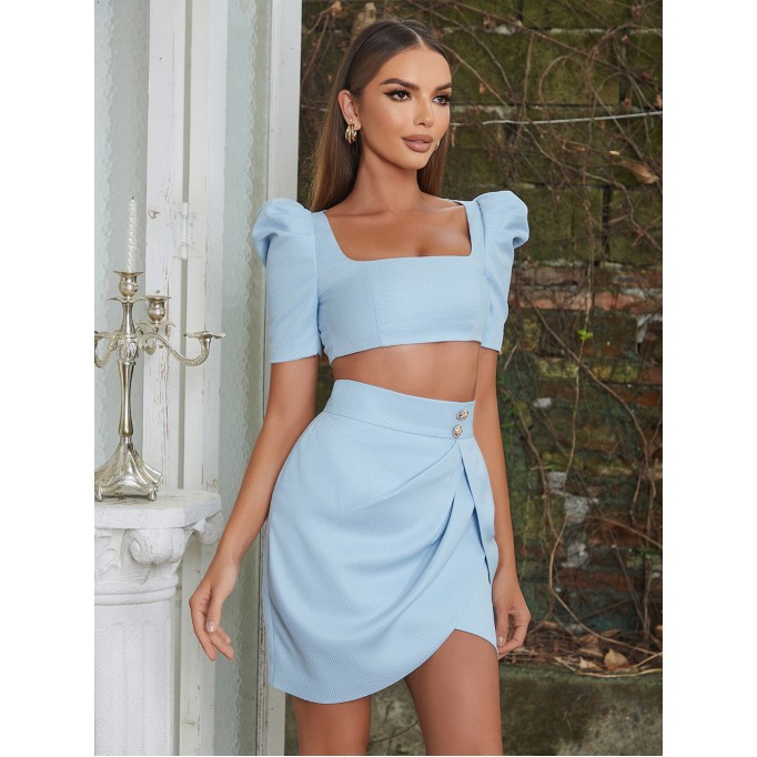 Square Collar Short Sleeve Exposed Waist Bodycon Set HB0116