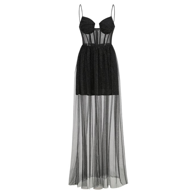 Draped Rhinestone Tulle Corset Maxi Dress