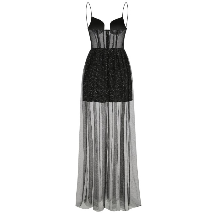 Draped Rhinestone Tulle Corset Maxi Dress