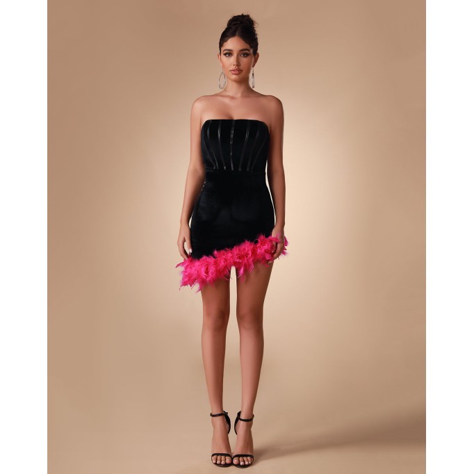 Feather Trim Velvet Mini Vestido Dress