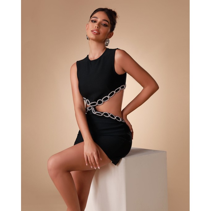 Black Crystal Chain Mini Bandage Dress