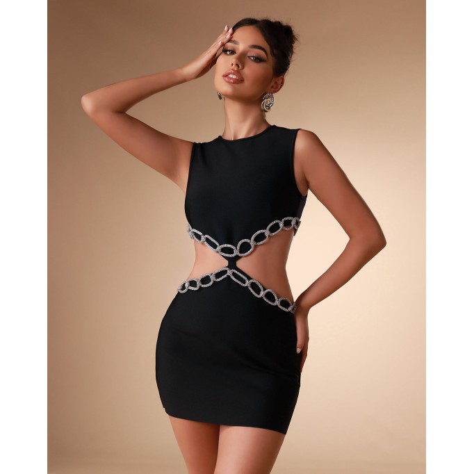 Black Crystal Chain Mini Bandage Dress