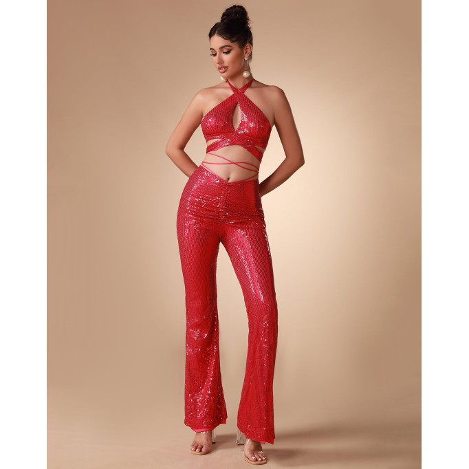 Halter Sequin Hollow out Two Piece Set