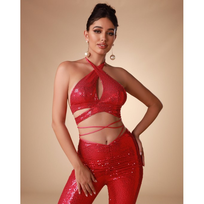 Halter Sequin Hollow out Two Piece Set