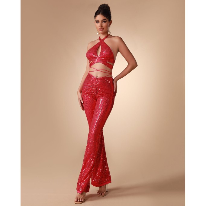 Halter Sequin Hollow out Two Piece Set