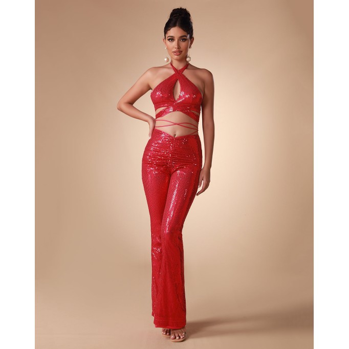 Halter Sequin Hollow out Two Piece Set