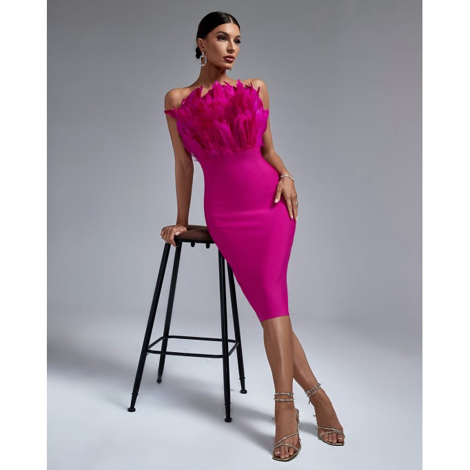 Strapless Feather Midi Bandage Dress