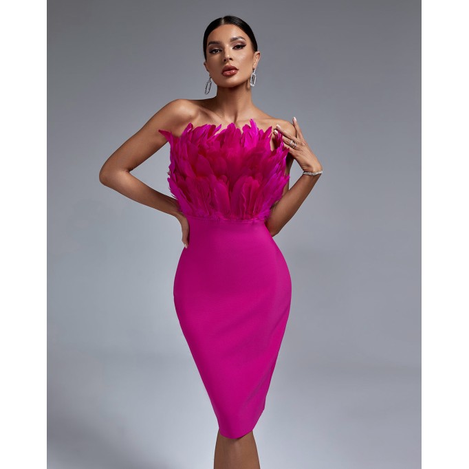 Strapless Feather Midi Bandage Dress