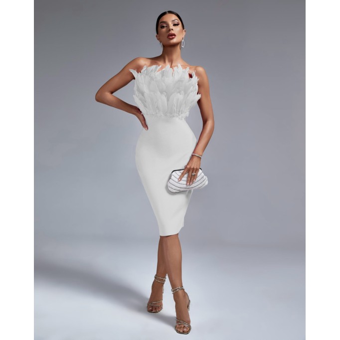 Strapless Feather Midi Bandage Dress